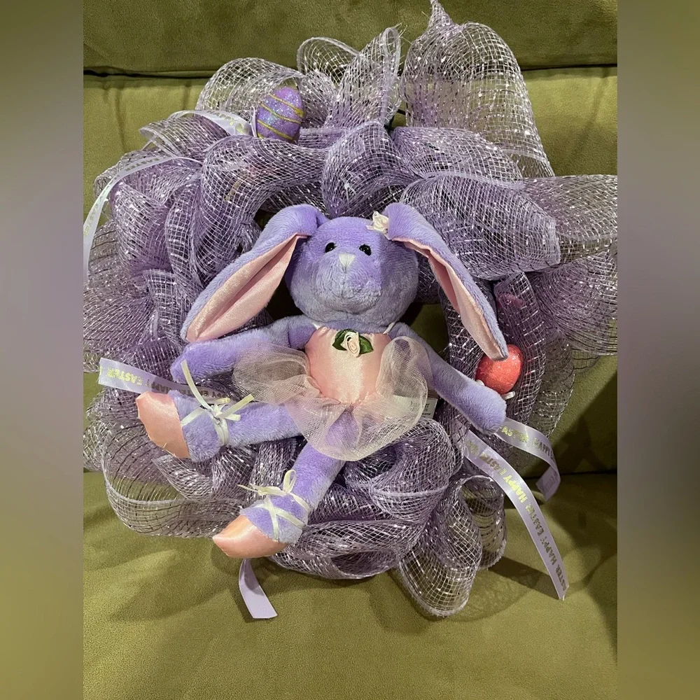 Purple Bunny Wreath with Mesh Accents